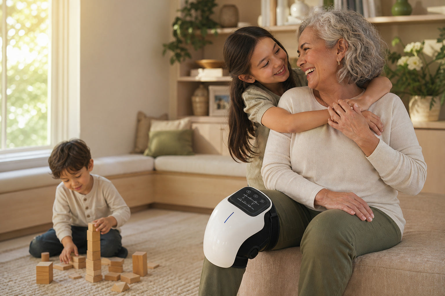 Grandmother wearing the Kneova knee massager while her granddaughter hugs her and a young child plays nearby