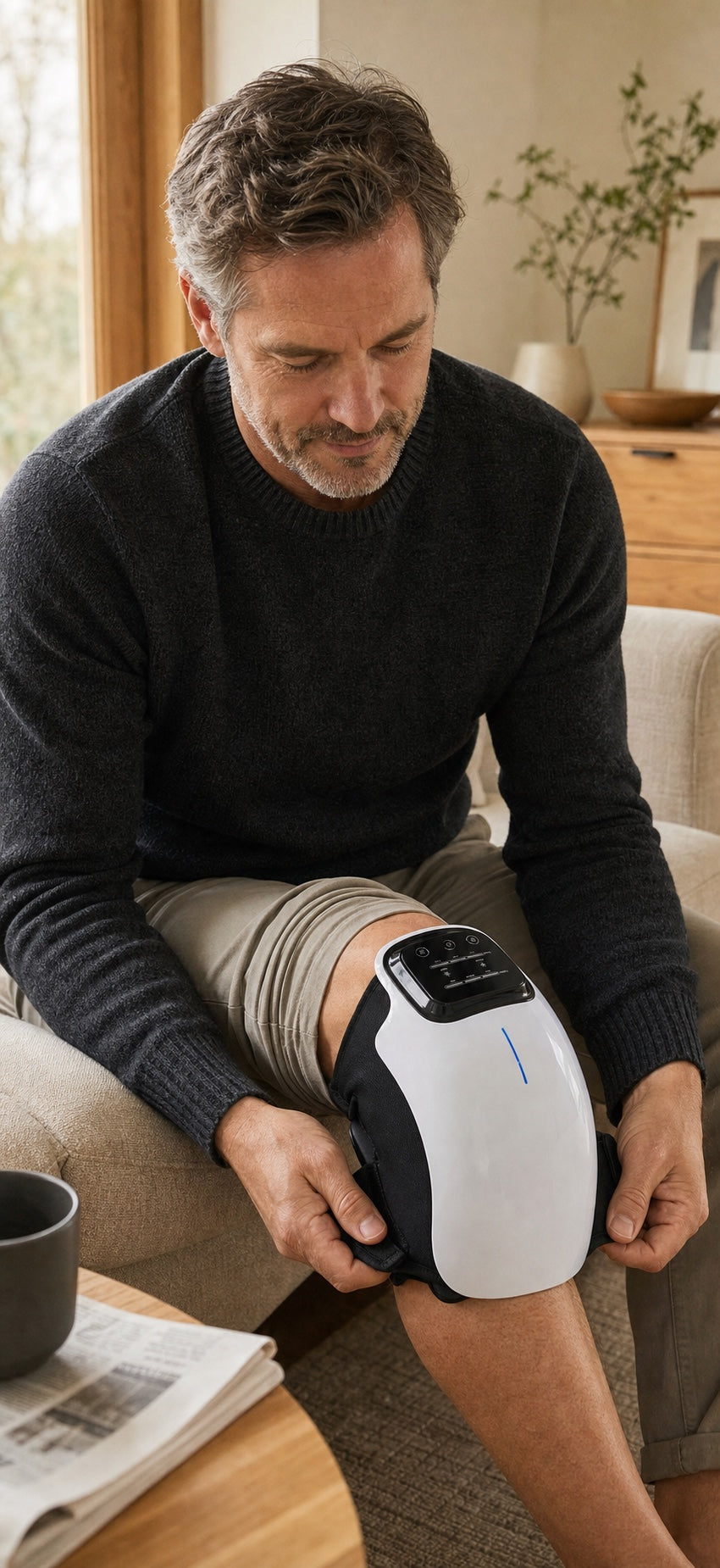 Man fastening the wraparound knee massager while seated at home