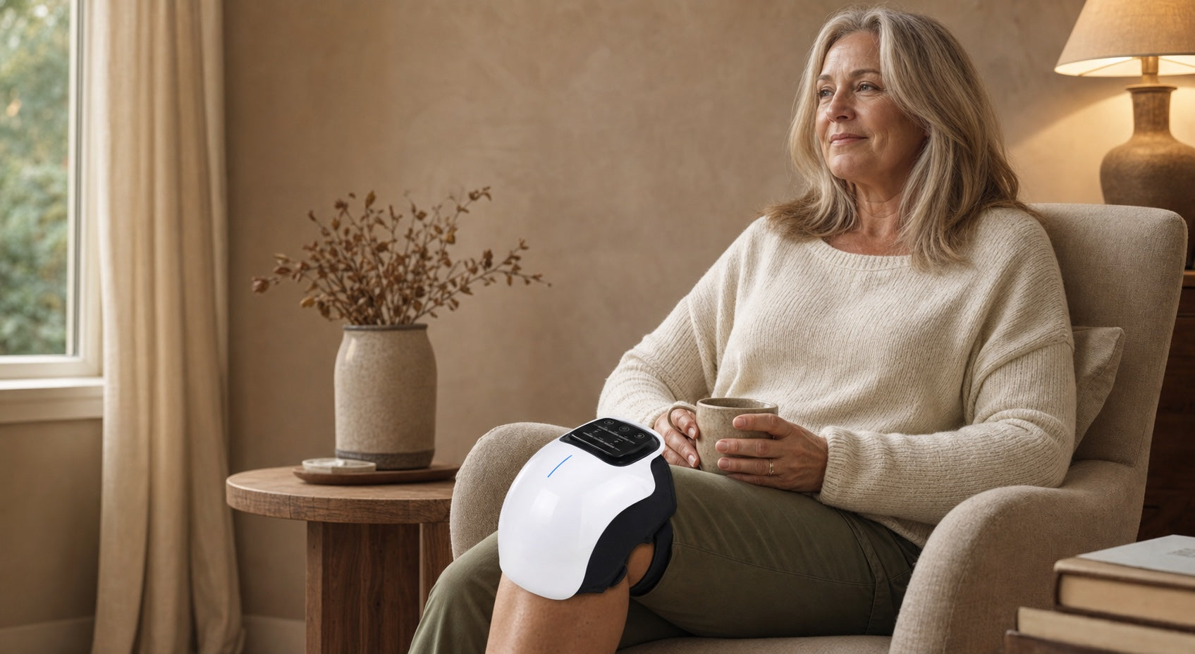 Woman relaxing at home while wearing the Kneova knee massager