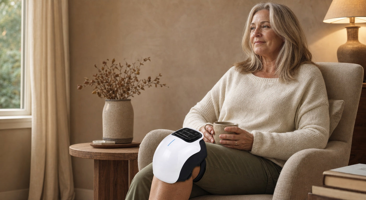 Woman relaxing at home while wearing the Kneova knee massager