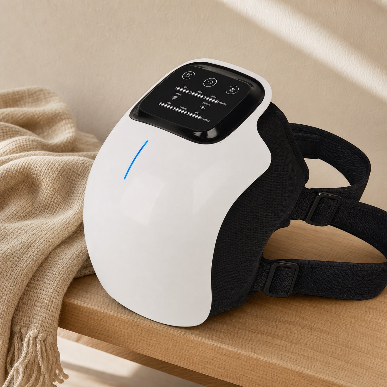 Kneova knee massager arranged on an oak bench