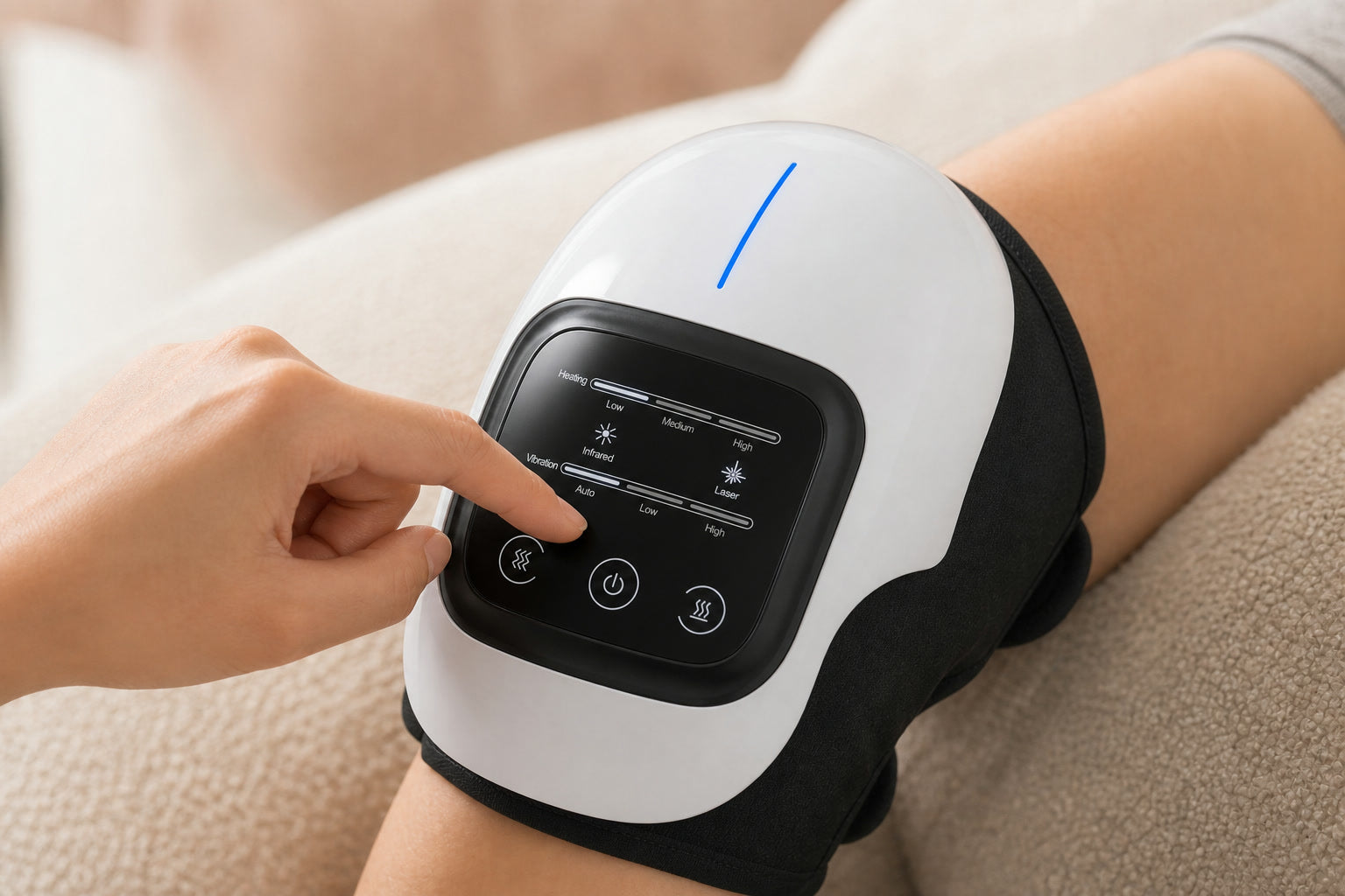 Close view of a hand using the knee massager control panel
