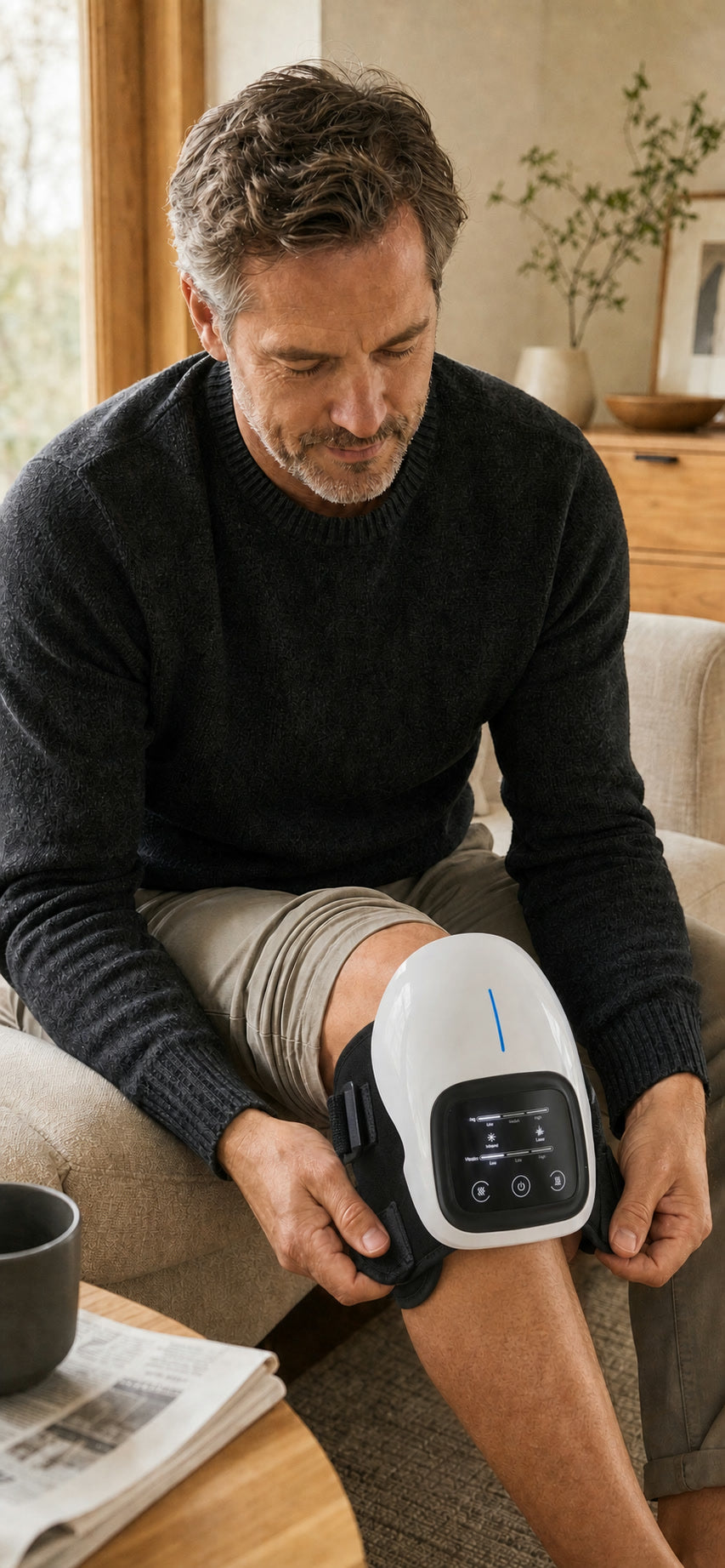 Man fastening the wraparound knee massager while seated at home