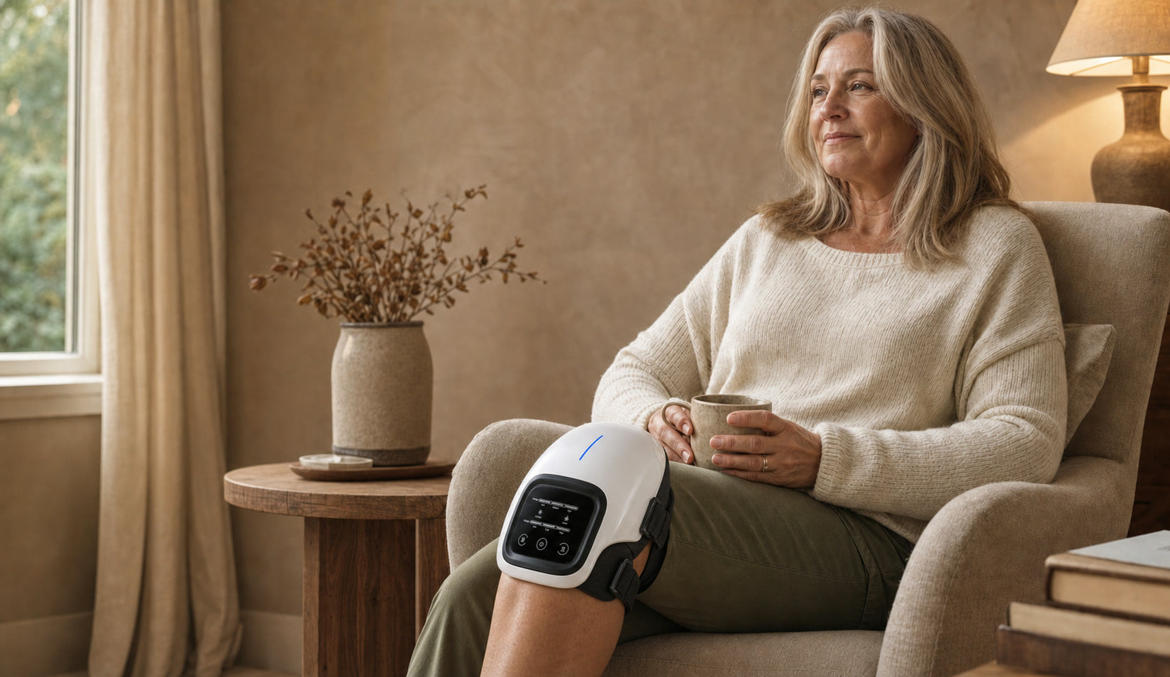 Woman relaxing at home while wearing the Kneova knee massager